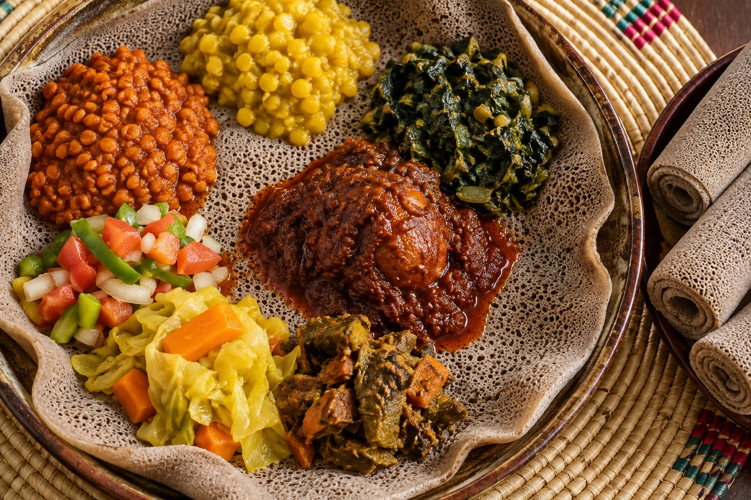 Illustrative injera platter with lentils, split peas and greens