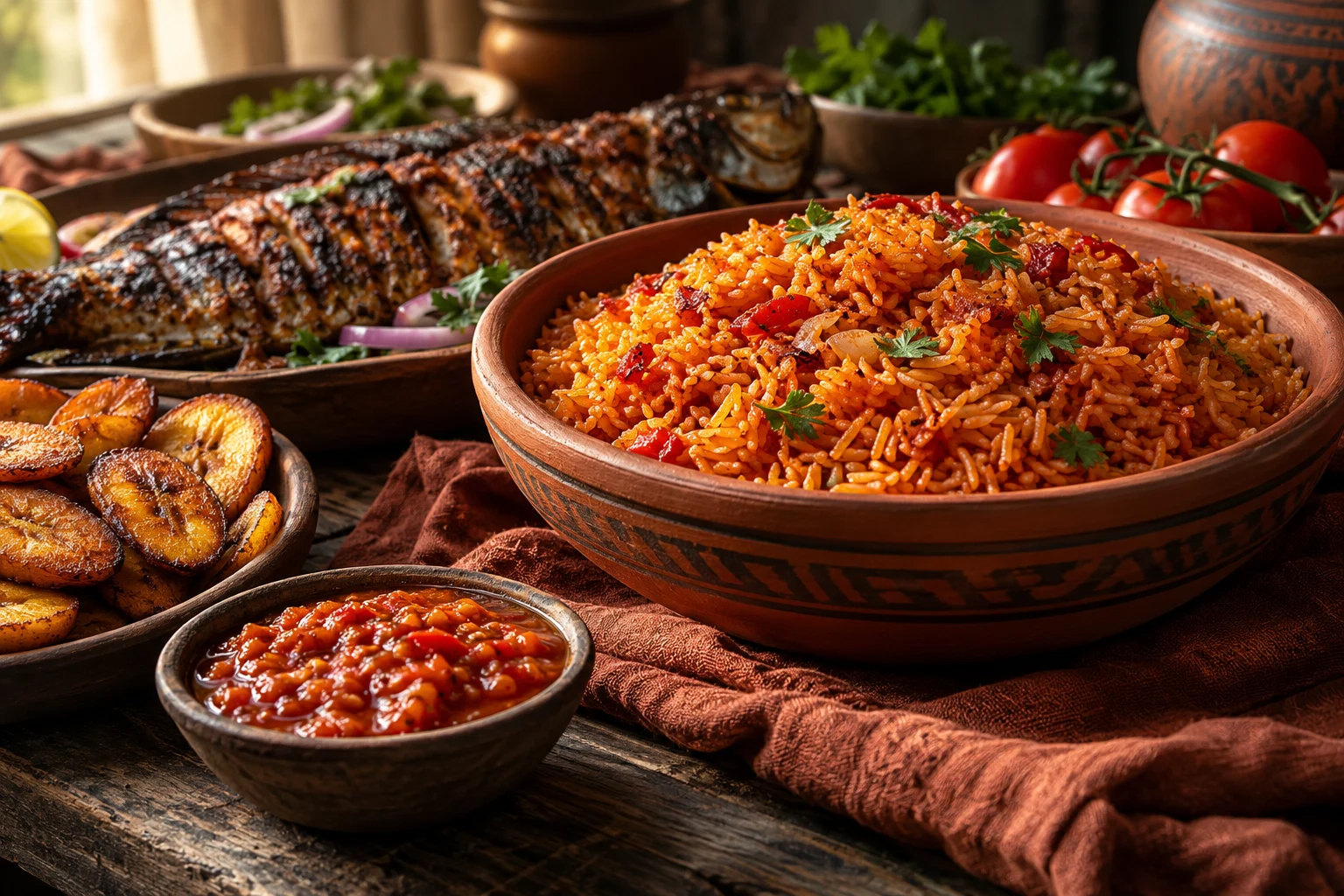 Illustrative jollof rice with grilled fish and golden plantains