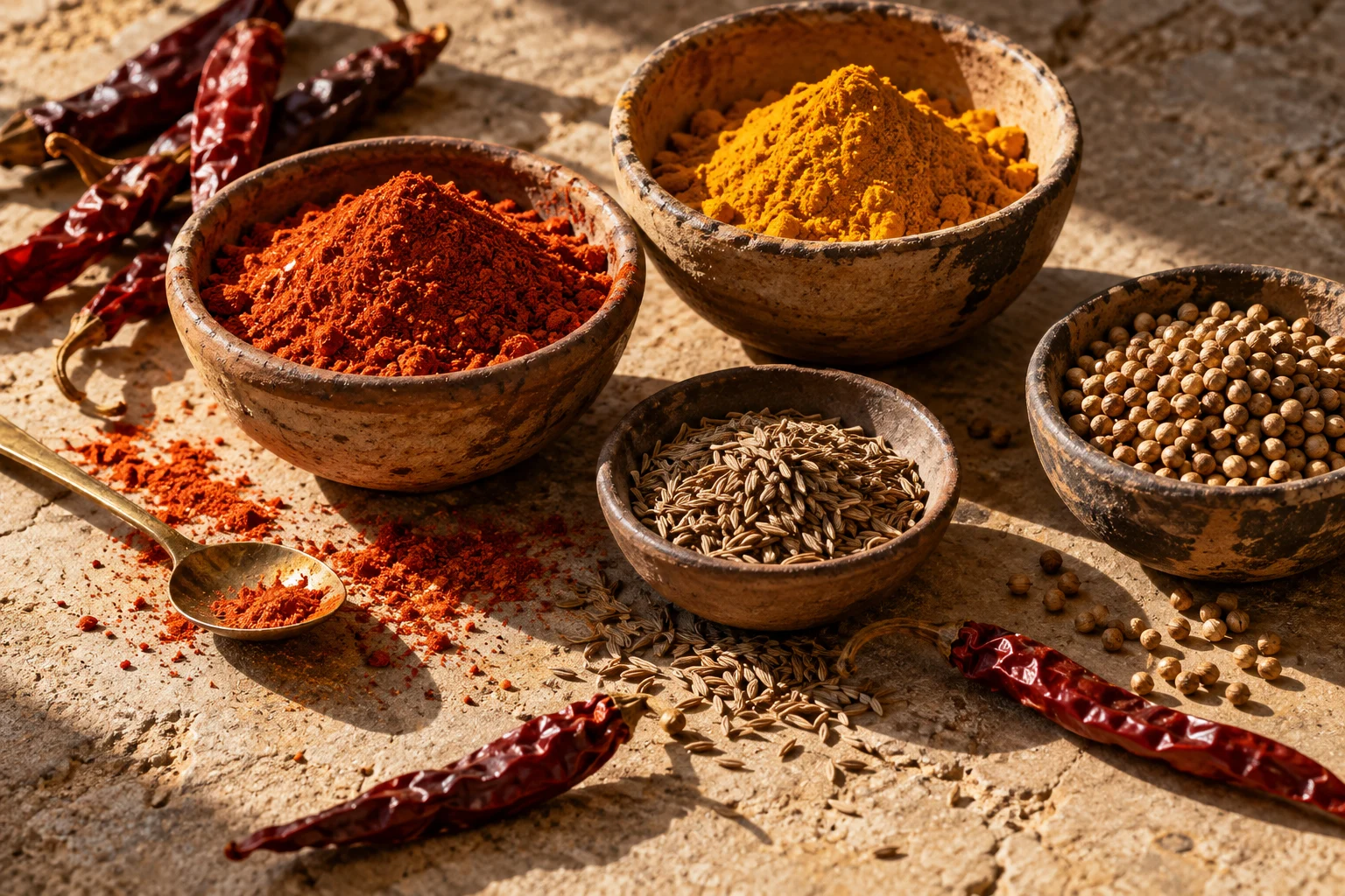 Illustrative still life of ground spices, seeds and dried chillies