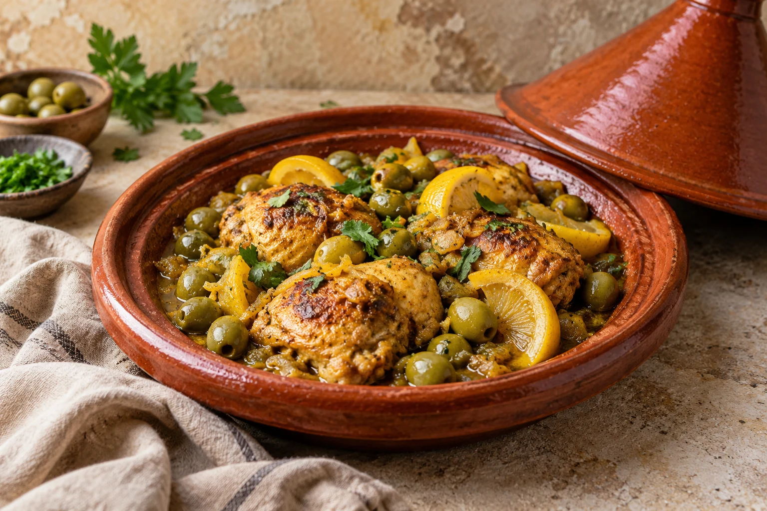 Illustrative Moroccan chicken tagine with olives and preserved lemon